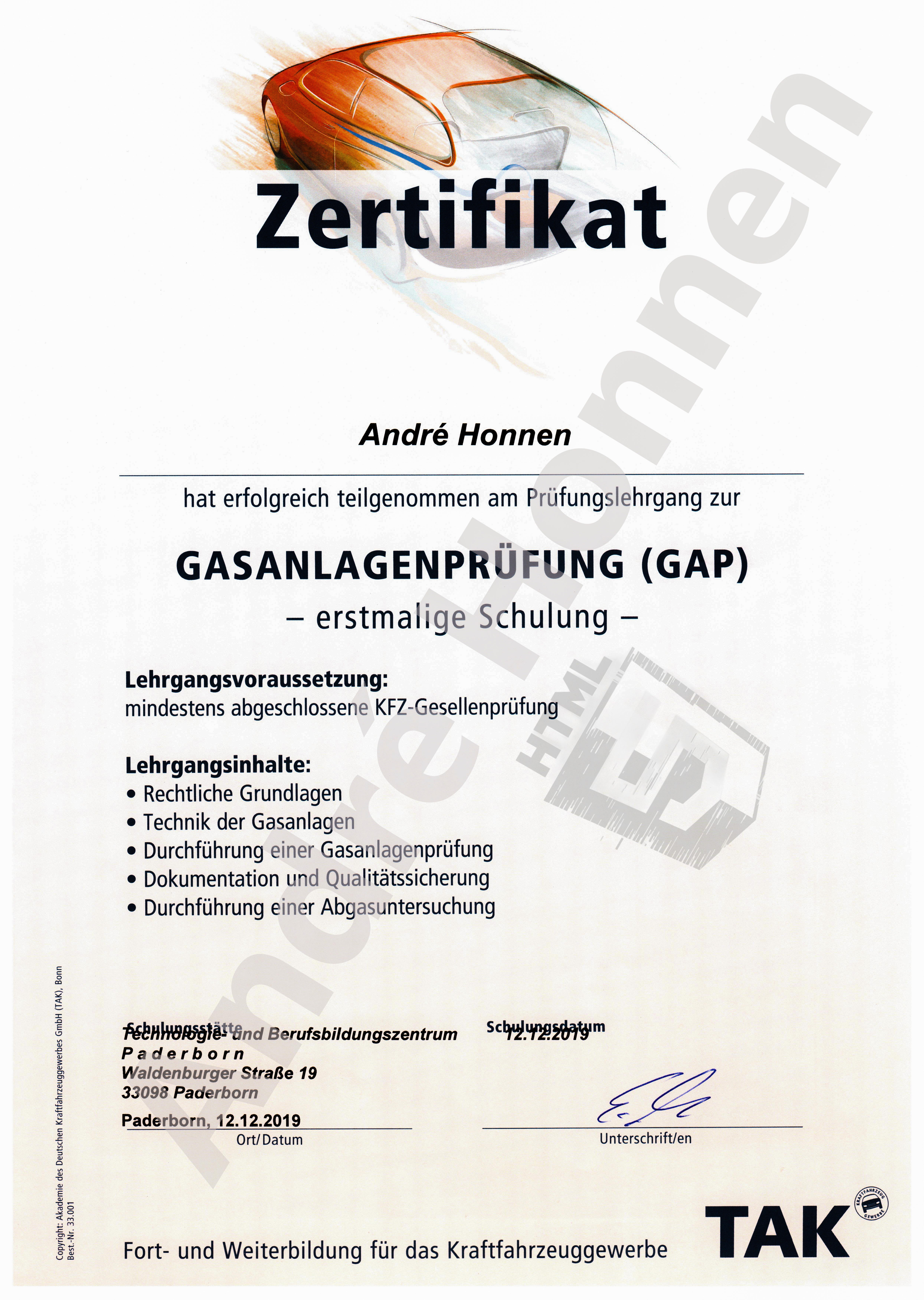 Fachkundennachweisan für die Gasanlagenprüfung(GAP)