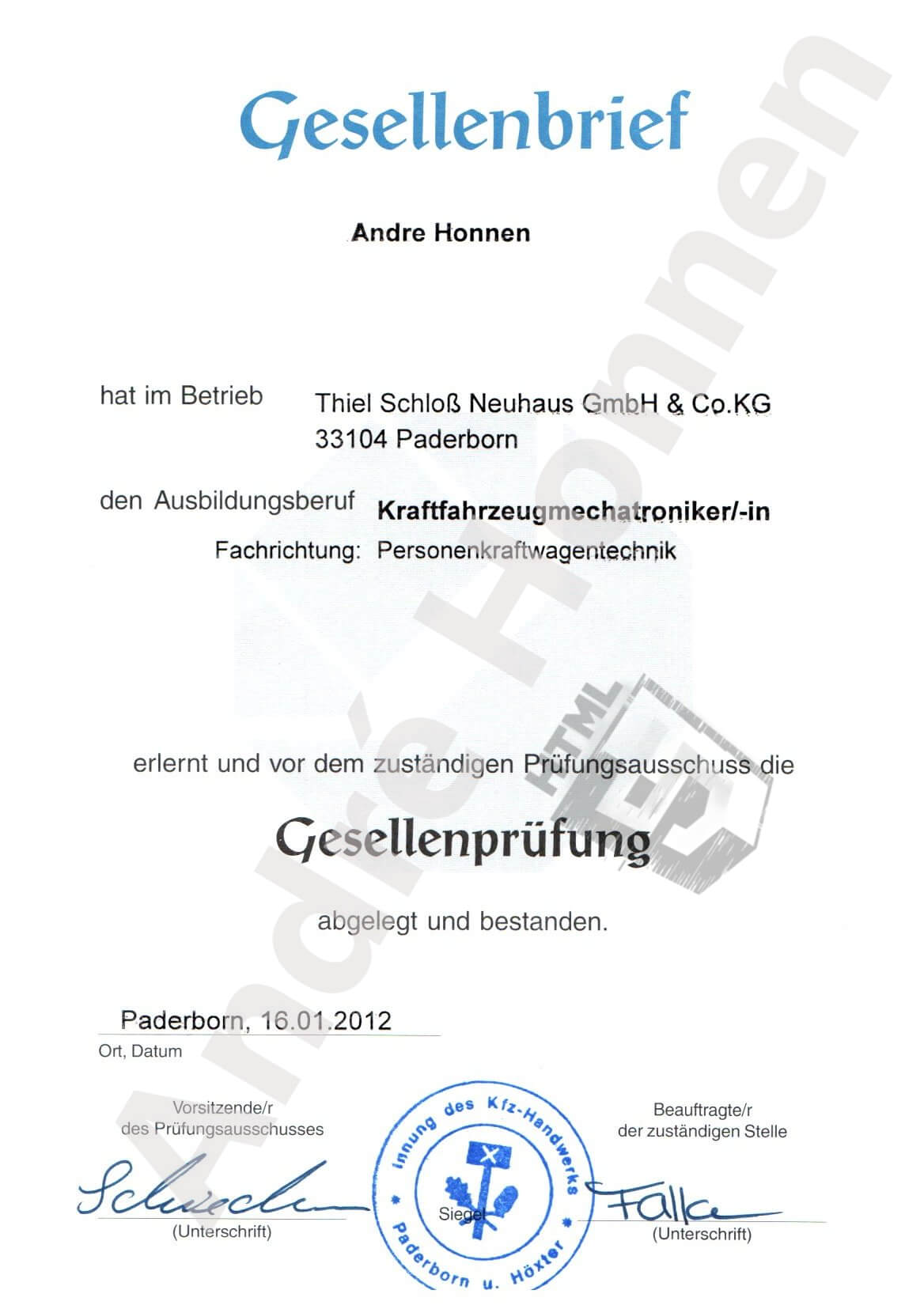 Gesellenbrief mit Wasserzeichen